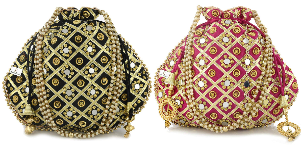 Kuber Industries 2 Pieces Silk Traditional Mirror Work Clutch Potli Batwa Pouch Hand Bag for Women/Girls (Black & Pink)-KUBMART11503, Standard