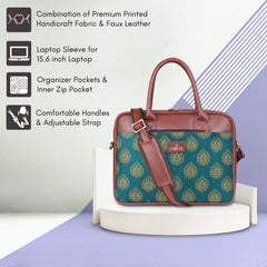 The Clownfish Deborah Series 15.6 inch Laptop Bag for Women Printed Handicraft Fabric & Faux Leather Office Bag Briefcase Messenger Sling Handbag Business Bag (Peacock Blue)