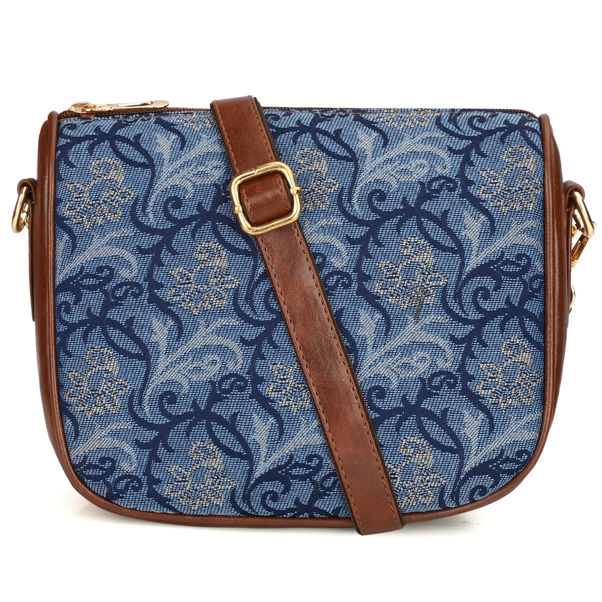 THE CLOWNFISH Garnet Series Printed Handicraft Fabric & Tapestry Crossbody Sling Bag for Women Ladies Single Shoulder Bag Shoulder Belt (Blue-Floral)