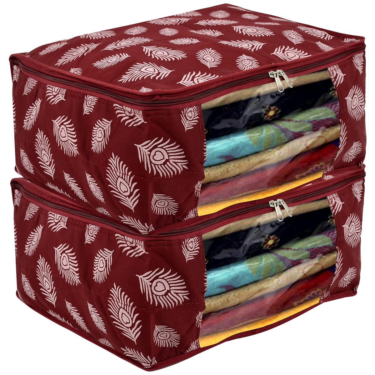 Kuber Industries Leaf Printed Saree Cover With Transparent Window, Pack of 2 (Maroon) (HS39KUBMART023668)