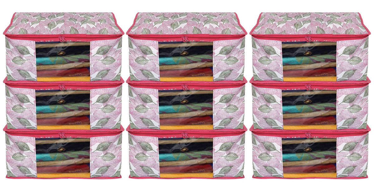 Heart Home Leaf Design Non-woven Sarees, Clothes Cover/Organizer With Transparent Window- Pack of 9 (Pink)-44HH0366