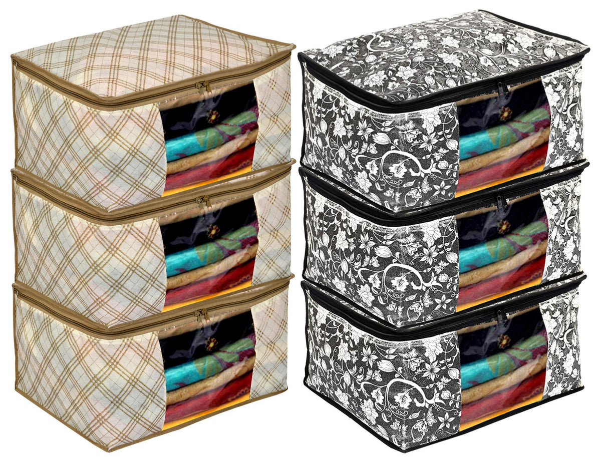 Kuber Industries Metalic Flower,Checkered Print 6 Piece Non Woven Fabric Saree Cover Set with Transparent Window, Extra Large (Ivory & Black)-KUBMART16558