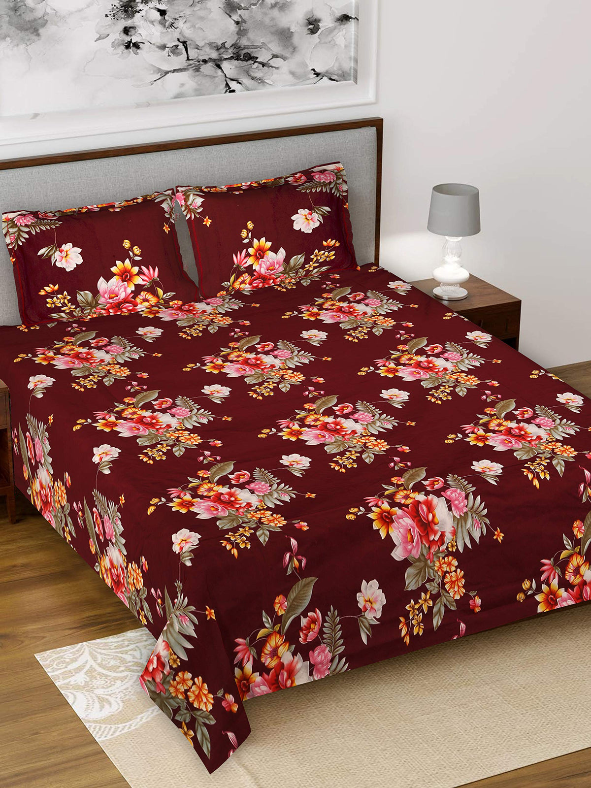 Kuber Industries Flower Print Glace Cotton 144 TC King Size Double Bedsheet with 2 Pillow Covers (Maroon, HS_36_KUBMART019549)