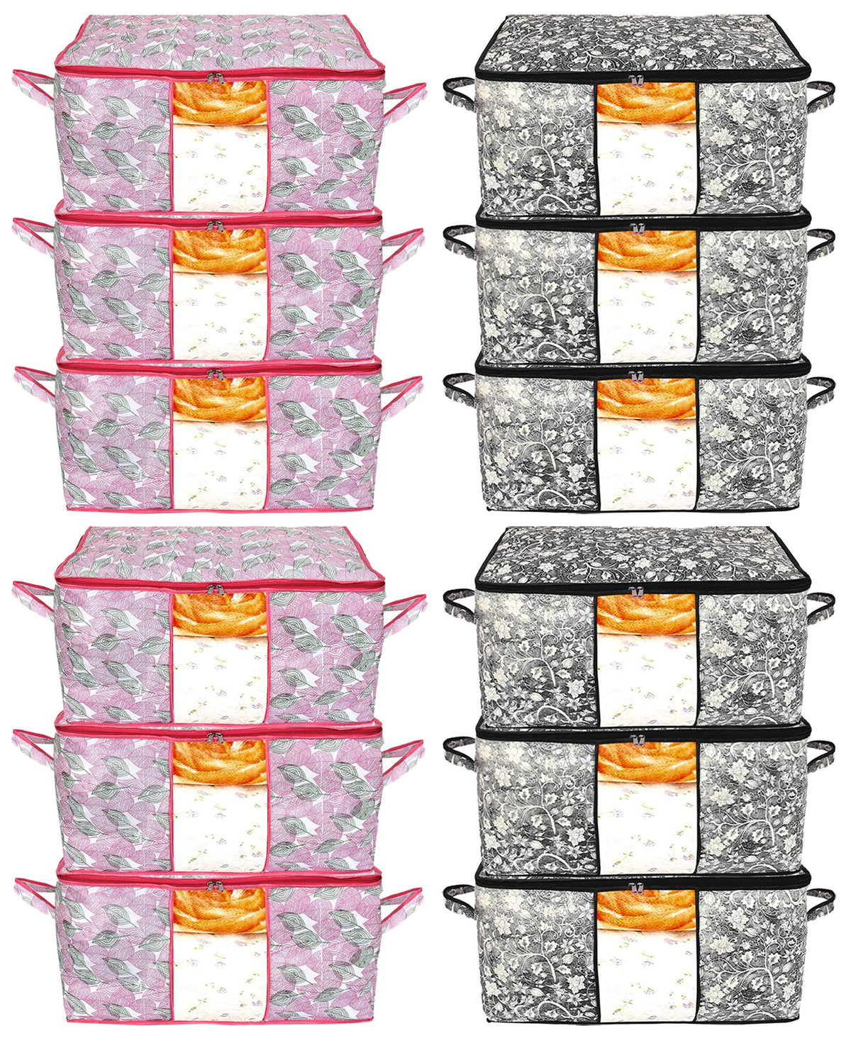 Kuber Industries Metalic Leafy,Flower Print Non Woven 12 Pieces Underbed Storage Bag,Cloth Organiser,Blanket Cover with Transparent Window (Black & Pink)-KUBMART16663