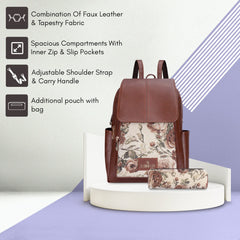 The Clownfish Medium Size Combo Of Minerva Faux Leather & Tapestry Women'S Backpack College School Girls Bag Casual Travel Backpack For Ladies & Expert Series Pencil Pouch Pen Case (Brown-Floral)