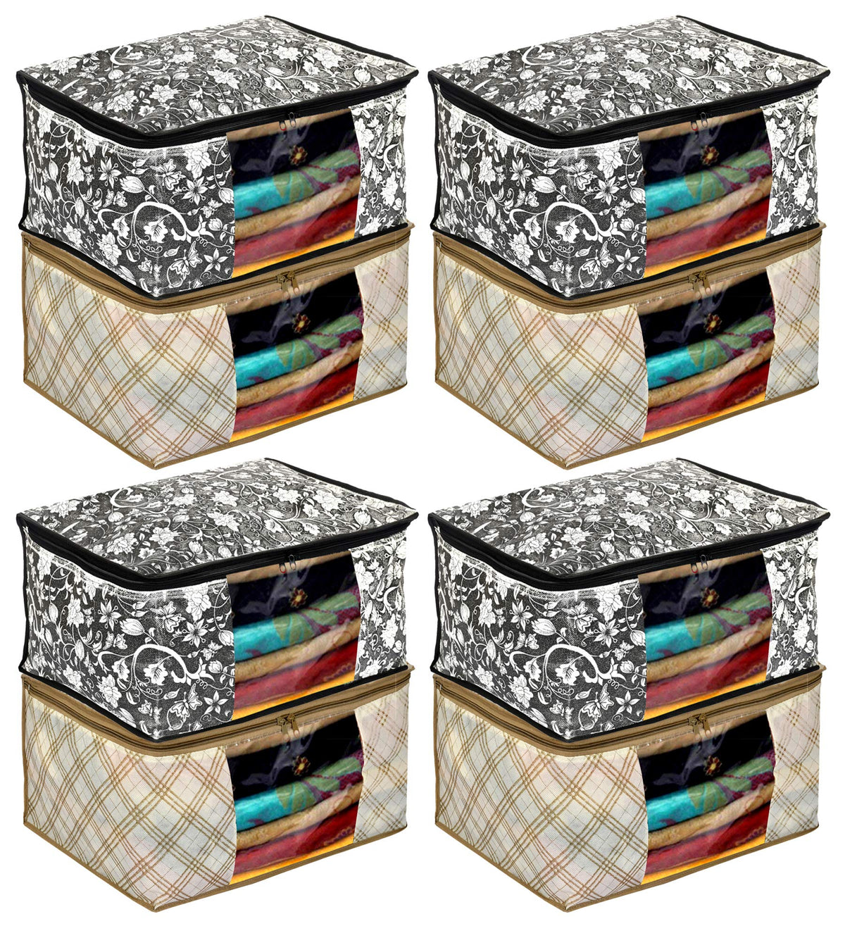 Kuber Industries Metalic Flower,Checkered Print 8 Piece Non Woven Fabric Saree Cover Set with Transparent Window, Extra Large (Ivory & Black)-KUBMART16566