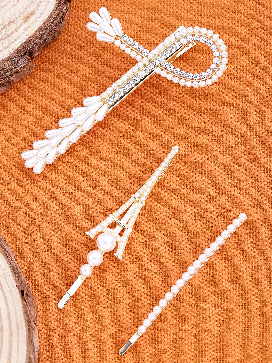 Yellow Chimes 3 pcs Iffil Tower Design Pearl Metal Hair Clip Allegator Pin Hair Accessories Boddy Pin Accessories for Women Girls, White, Medium