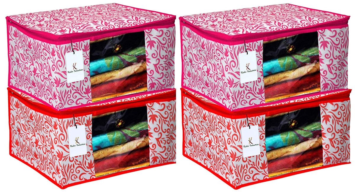 Kuber Industries Leaf Design 4 Piece Non Woven Fabric Saree Cover Set with Transparent Window, Extra Large, Red & Pink - CTKTC040816