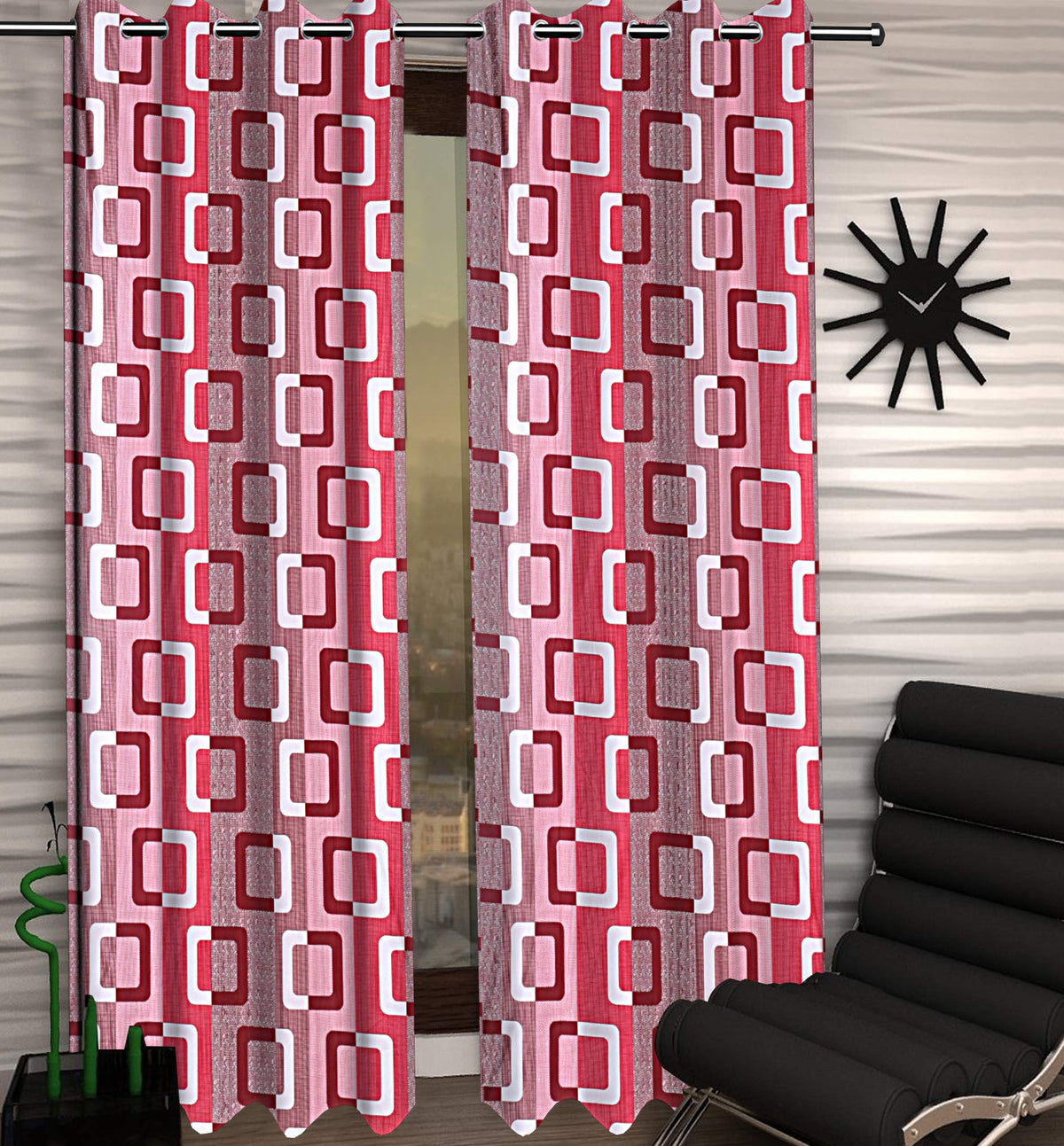 Kuber Industries Geometric Design 2 Pieces Polyester Eyelet Door Curtain 7 Feet (Maroon)-CTKTC14243