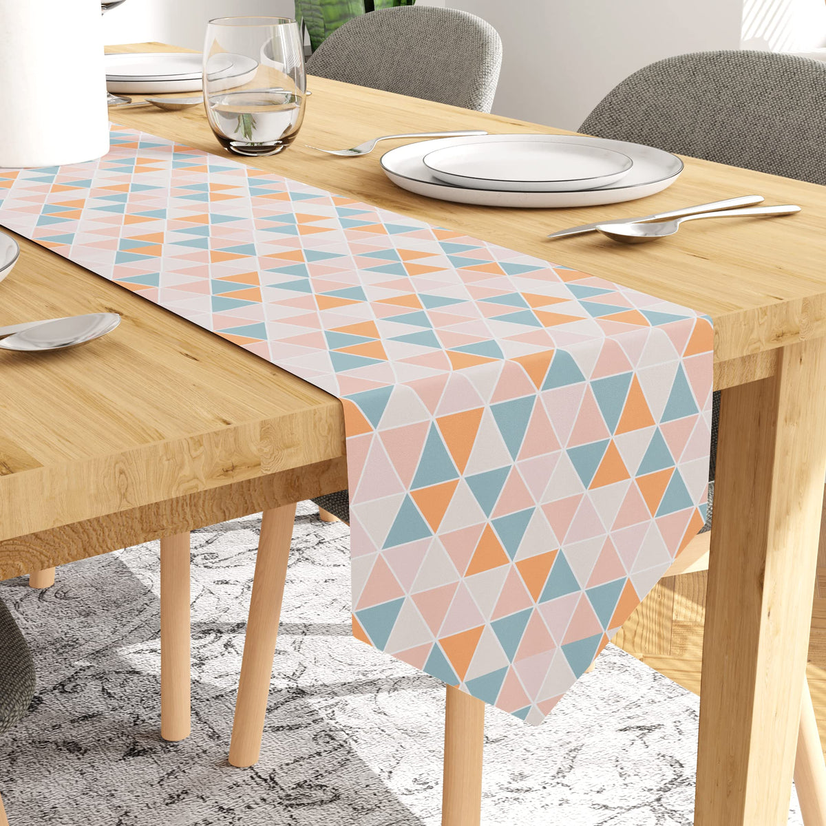 Encasa Dining Table Runner for 6 seater - Luxury Cotton - Twill Fabric Mercerised - Printed - Size 13"x79" - Decorative Cloth for centre and coffee table - Machine Washable- 1 Pc - Triangles Apricot