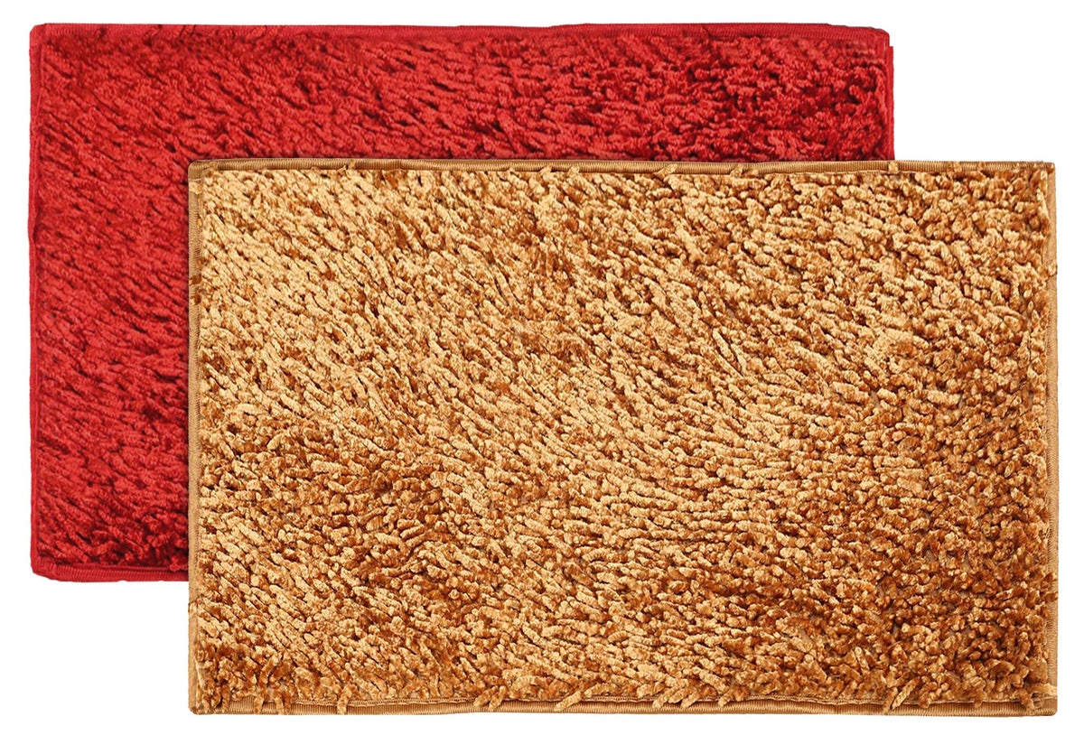 Kuber Industries Velvet Shaggy Premium Heavy Duty Indoor Outdoor, Easy Clean, Waterproof, Low-Profile Door Mat (Gold & Red, KUBMART11526, KUBQMART011526, Standard), Set of 2