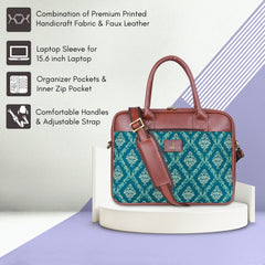 The Clownfish Deborah Series 15.6 inch Laptop Bag for Women Printed Handicraft Fabric & Faux Leather Office Bag Briefcase Messenger Sling Handbag Business Bag (Blue)
