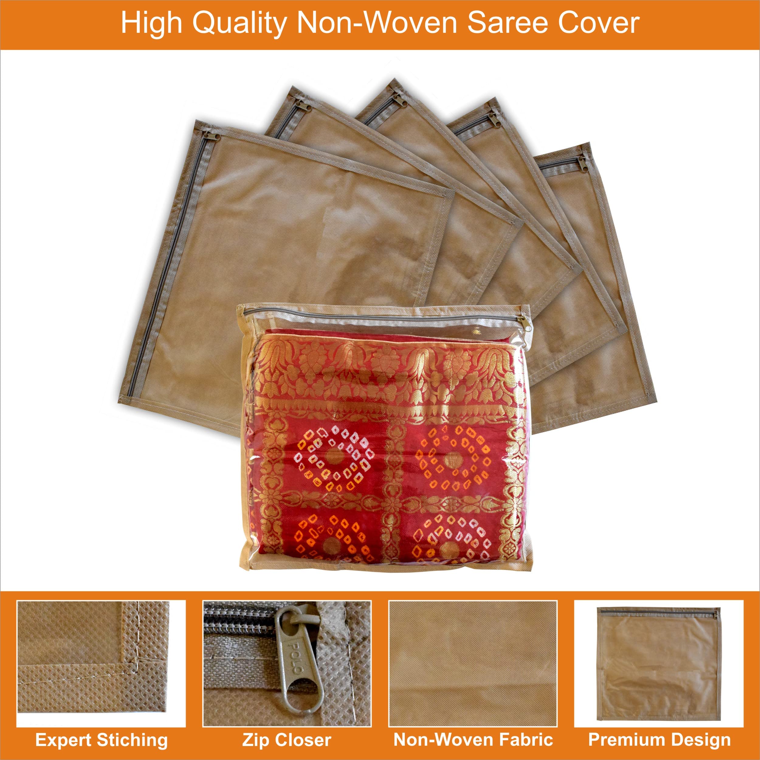 Homestic Foldable Single saree covers with Zip|Saree Storage Bags|Clothes Organiser for wardrobe Set of 12|Transparent Top With Premium Zipper|Beige|