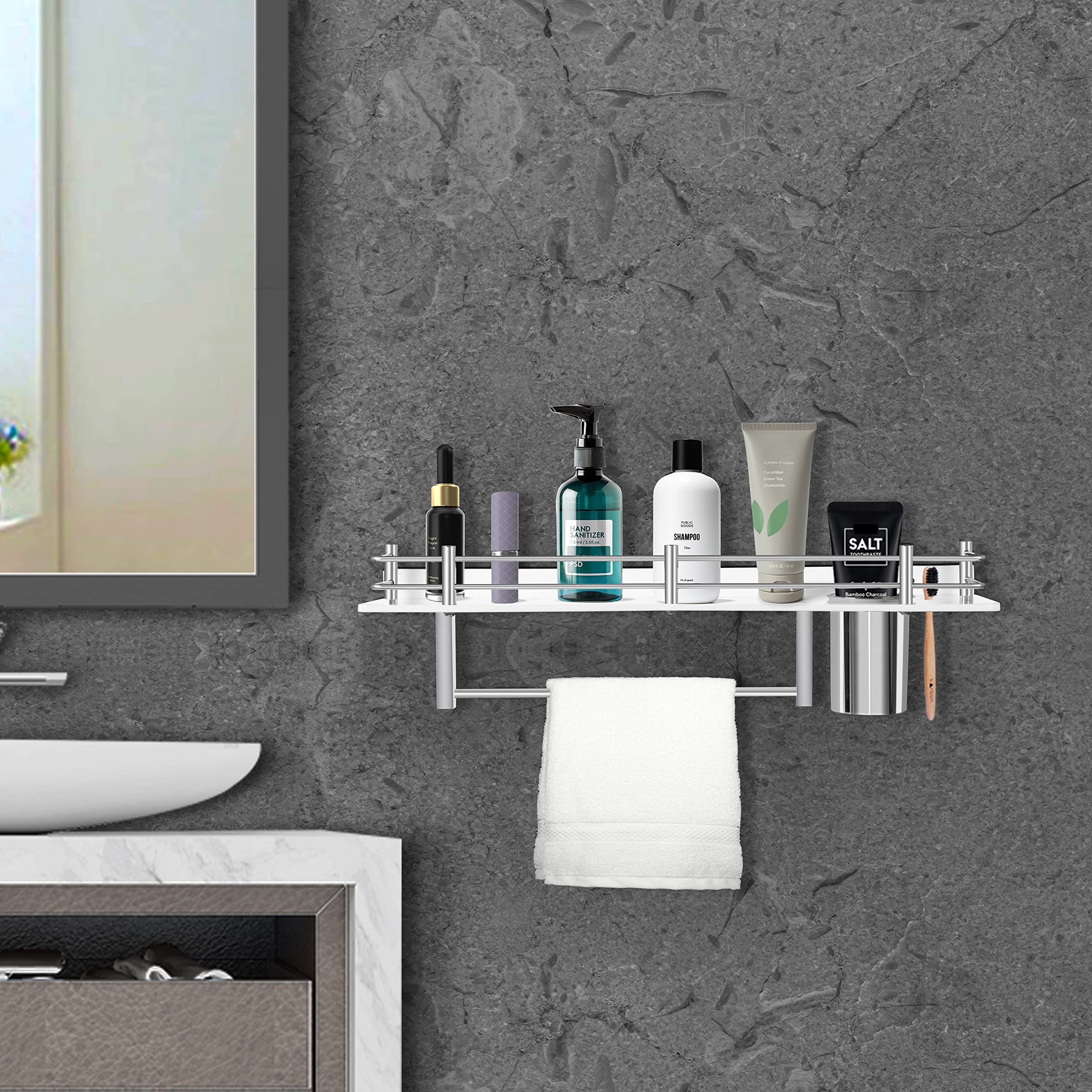Plantex Acrylic 3 in 1 Multipurpose Bathroom Shelf/Rack/Towel Hanger/Tumbler Holder/Bathroom Accessories-White(18 x 5 Inches)
