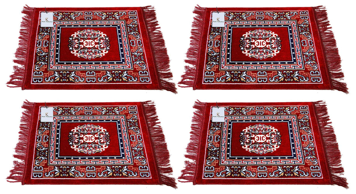 Kuber Industries (Set of 4) Traditional Asana for Puja - Soft Velvet Aasan for Pooja | Prayer | Sitting | Meditation - Small Carpet Mat Rug for Floor - Maroon Color