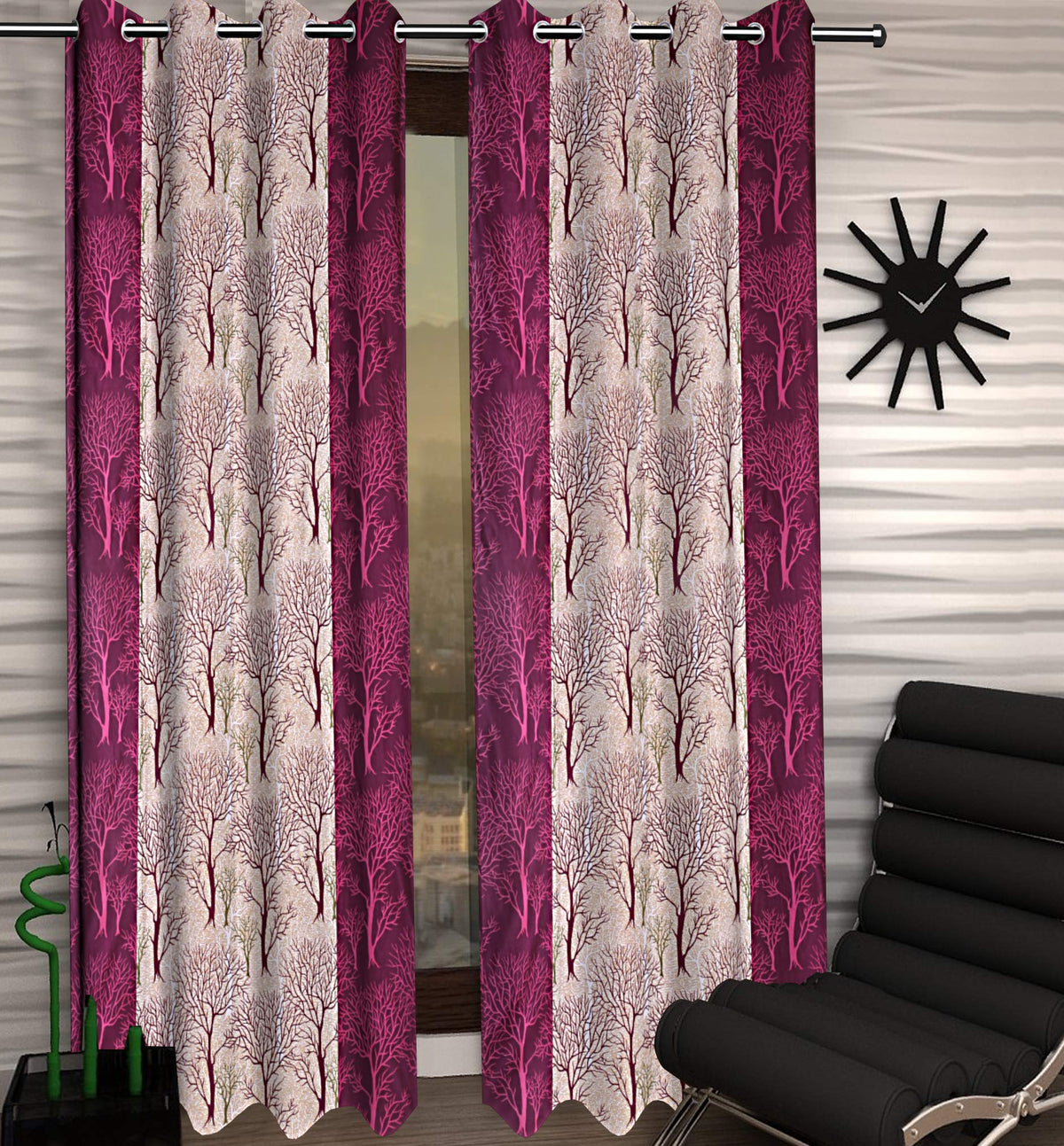 Kuber Industries Tree Design 1 Piece Polyester Eyelet Door Curtain 7 Feet (Pink)-CTKTC14173
