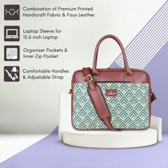 The Clownfish Deborah Series 15.6 inch Laptop Bag for Women Printed Handicraft Fabric & Faux Leather Office Bag Briefcase Messenger Sling Handbag Business Bag (White)