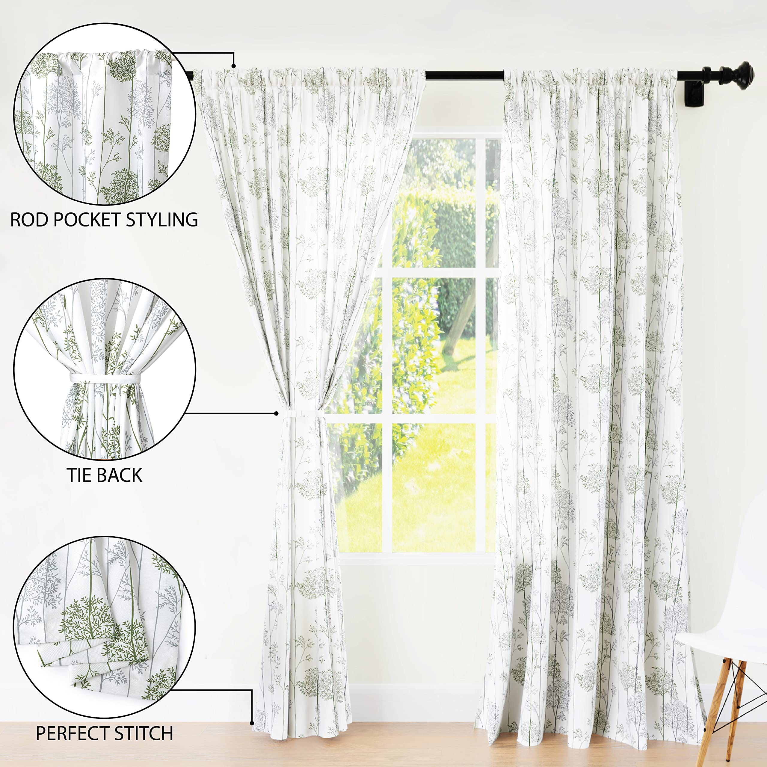 Encasa Homes Polyester Printed Door Curtain for 7 ft with Tie Back, Rod Pocket, Light-Filtering, Curtains for Kitchen, Bedroom, Living Room (142x213 cm), Green Branches, Set of 2