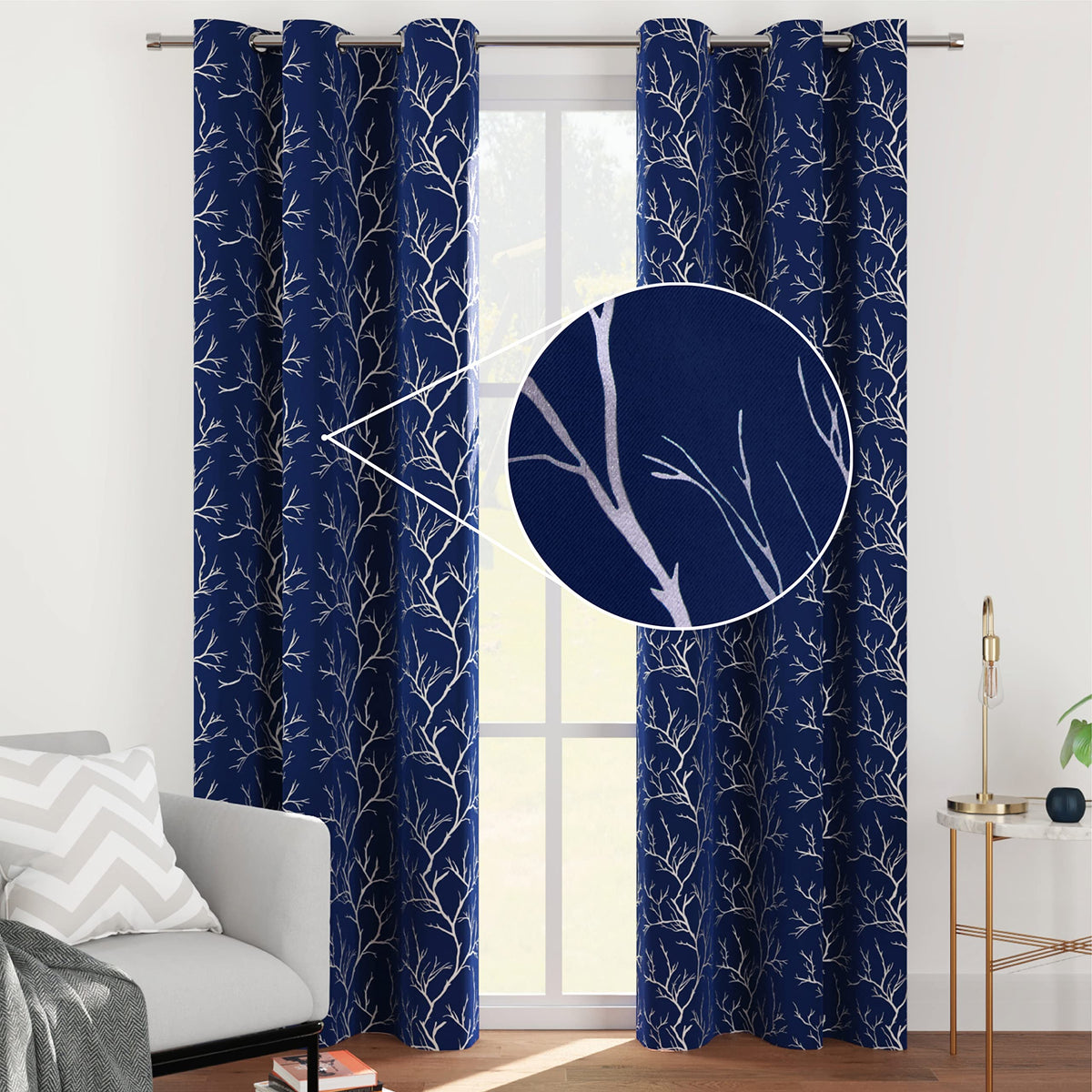 Encasa Homes Room Darkening Blackout Curtains 2 Panels Silver Foil Printed Plain Colours for Kids Bedroom, Living Room with Grommet, 85% Light Blocking, Sound & Heat Reducing, 8 ft -Twigs Navy