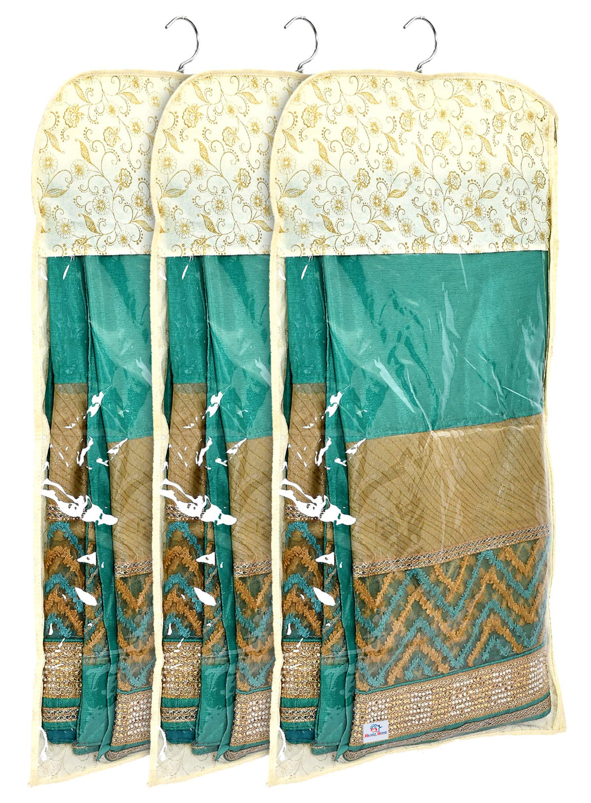 Heart Home Metalic Print Non-woven Hanging Saree Cover Wardrobe Organiser With Hanger (Gold)-Pack of 3-KUBMART15519
