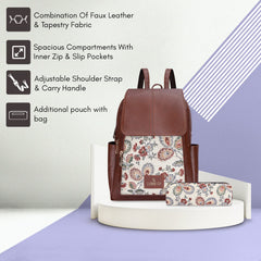 The Clownfish Medium Size Combo Of Minerva Faux Leather & Tapestry Women'S Backpack College School Girls Bag Casual Travel Backpack For Ladies & Expert Series Pencil Pouch Pen Case (Dark Brown-Floral)
