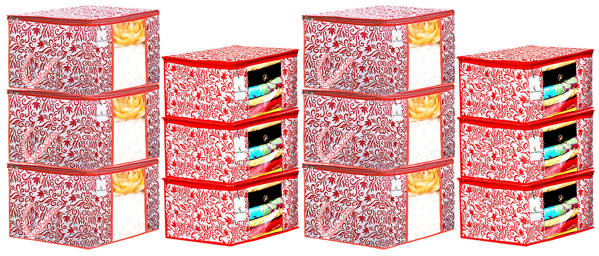 Kuber Industries Leaf Design Non Woven 6 Pieces Saree Cover and 6 Pieces Underbed Storage Bag, Cloth Organizer for Storage, Blanket Cover Combo Set (Red) -CTKTC038678