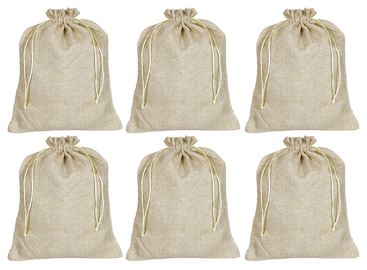 Kuber Industries Jute Medium Size Potli Gift Bags Wedding Hessian Jute Medium Size Bags Linen Jewelry Pouches with Drawstring for Birthday, Party, Wedding Favors-Pack of 6 (Gold)