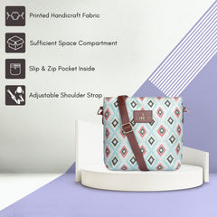 THE CLOWNFISH Aahna Printed Handicraft Fabric Crossbody Sling bag for Women Casual Party Bag Purse with Adjustable Shoulder Strap for Ladies College Girls (Skyblue-Diamond Design)