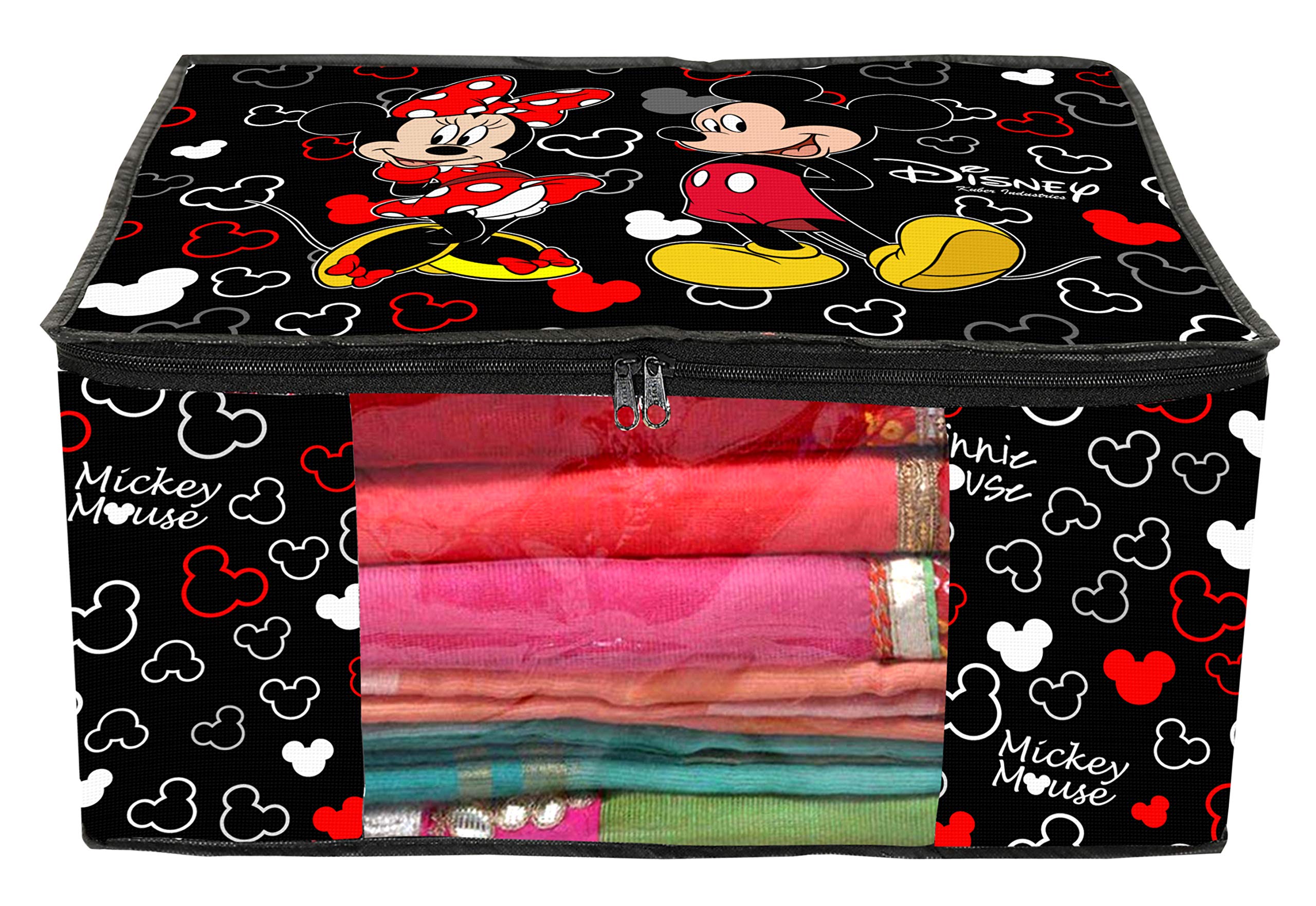 Kuber Industries Disney Mickey Print Non Woven Clothes Organiser|Zipper Closure|Wardrobe Set with Transparent Window|Extra Large 46 x 34 x 26 (Black) -HS_35_Square(Cotton)
