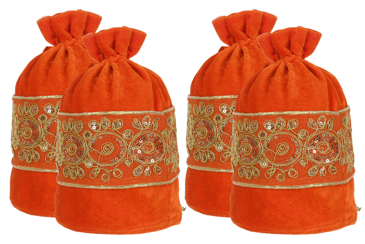 Kuber Industries Embroidered Design Potli Bags Handbags for Women Gifting Wristlets for Wedding, Festival, Kitty Subh Shagun-Pack of 4 (Orange)