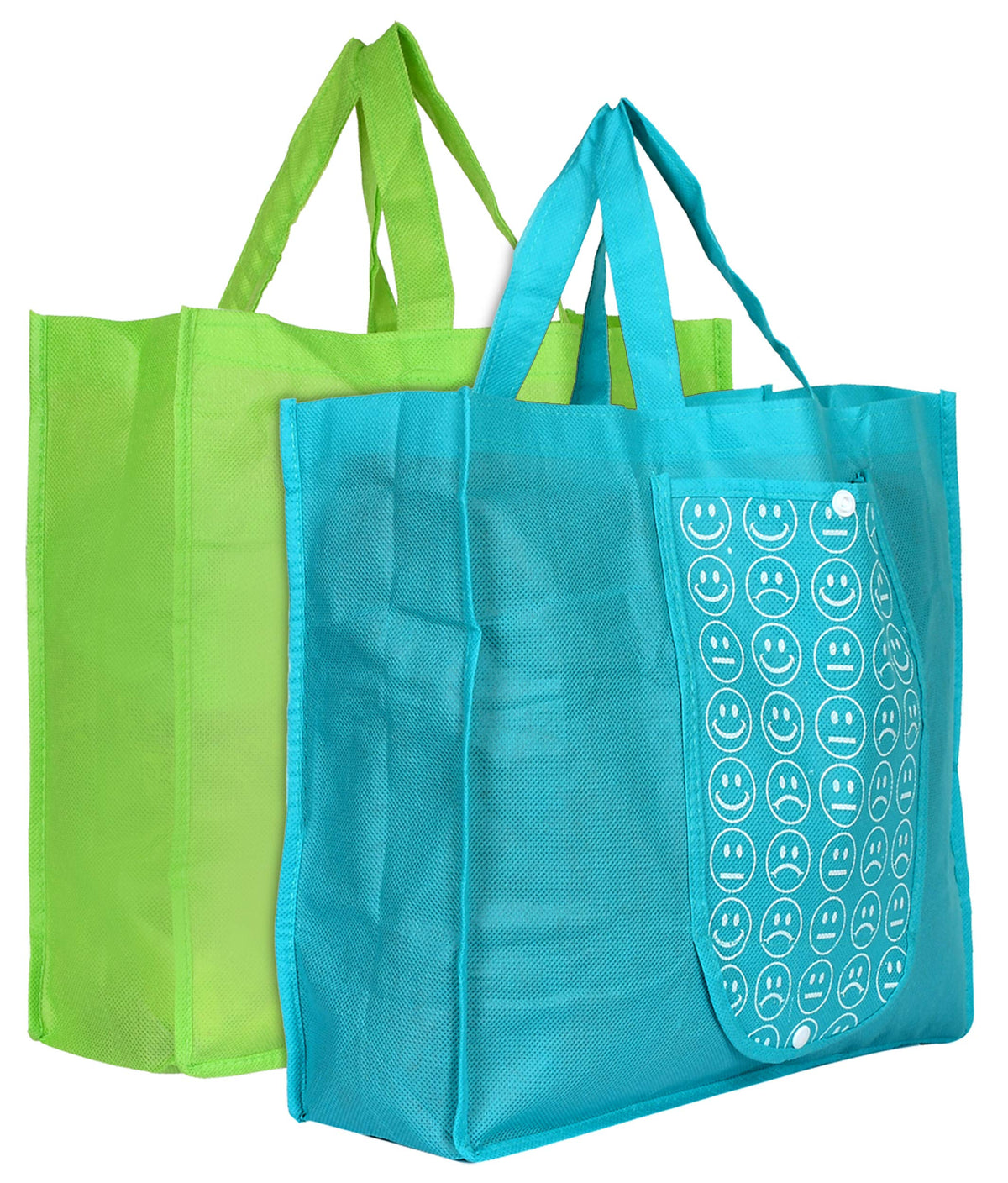 Kuber Industries Foldable Reusable Smiley Printed Shopping Bag with One Small Pocket (Set of 2,Green & Blue) (HS_36_KUBMART018760)