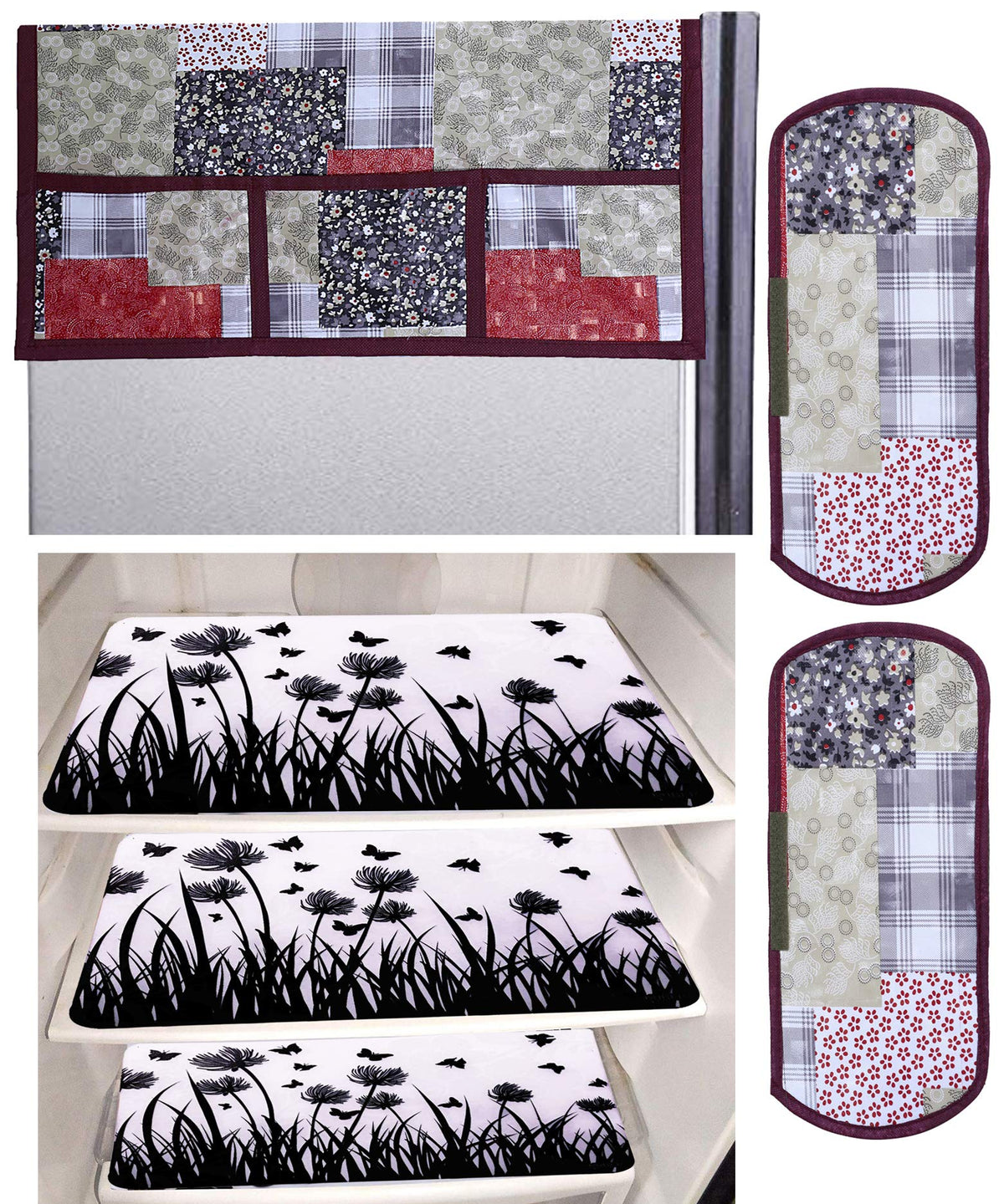 Kuber Industries Jungle Design 3 Pieces PVC Fridge Mats,2 Piece Handle Cover and 3D Checkered Design 1 Piece Fridge Top Cover (Maroon) - CTKTC039844