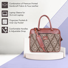 THE CLOWNFISH Deborah series 15.6 inch Laptop Bag For Women Printed Handicraft Fabric & Faux Leather Office Bag Briefcase Messenger Sling Handbag Business Bag (Brown)