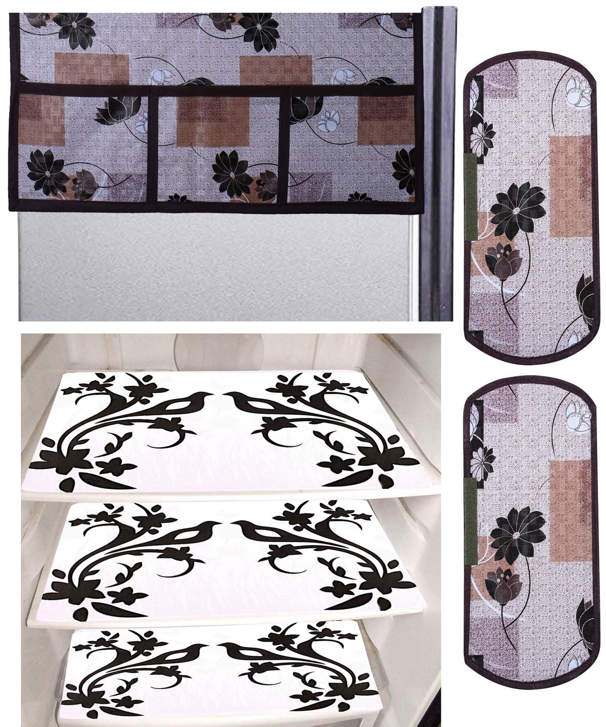 Kuber Industries Birds Design 3 Pieces PVC Fridge Mats,Flower Design 2 Piece Handle Cover and 1 Piece Fridge Top Cover (Brown) - CTKTC39862