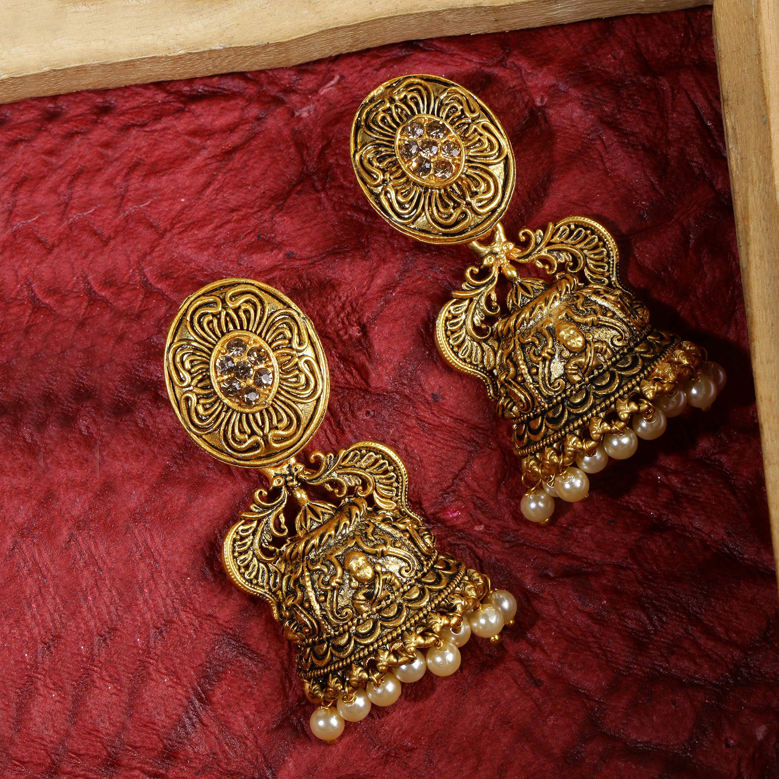 Yellow Chimes Traditional Jhumki Earrings Temple Jewellery Oxidized Matte Gold Plated Artistic Crafted Durga Design Jhumka Earrings for Women & Girls