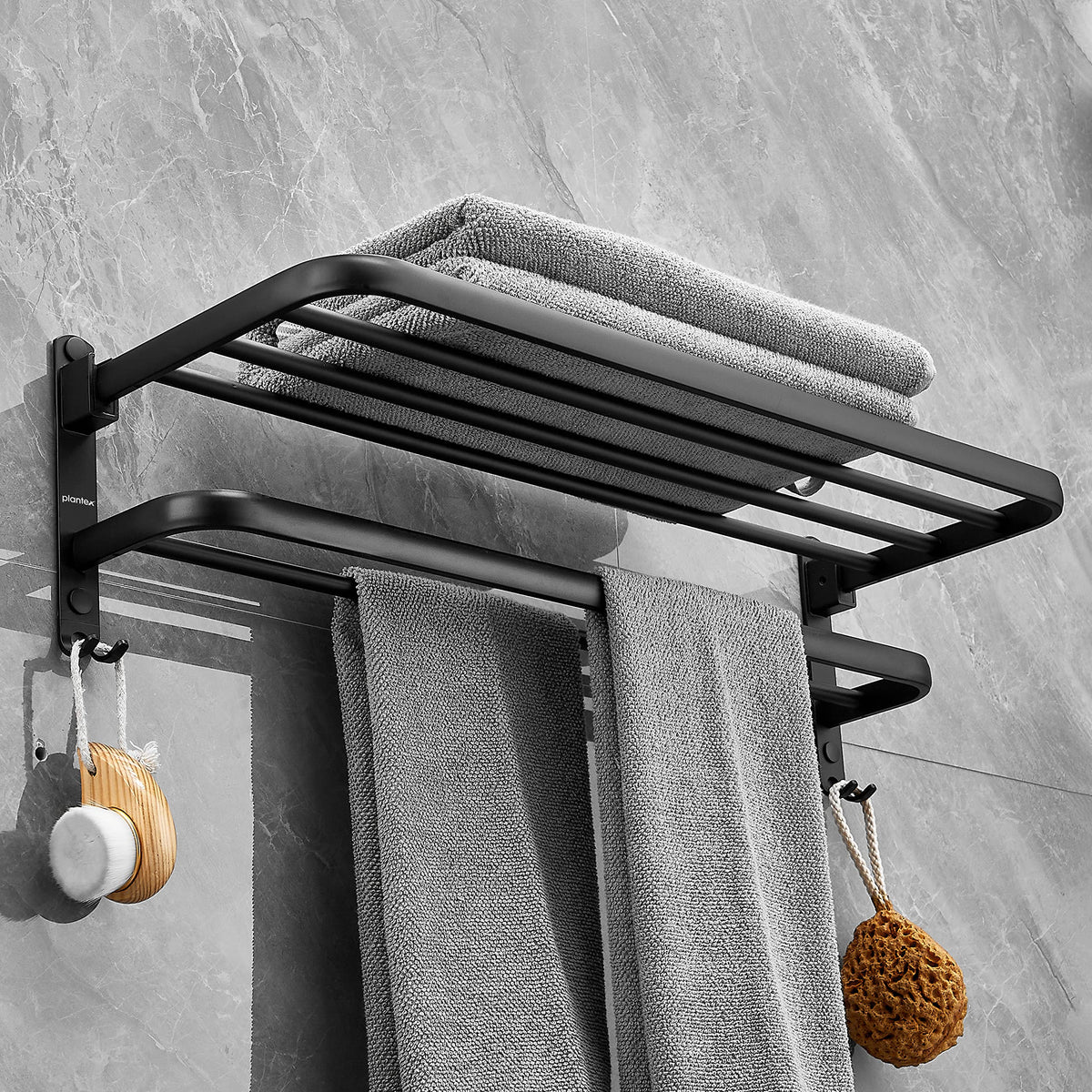 Plantex Space Aluminium Folding Towel Rack with Fix Towel Rod/Towel Bar for Bathroom/Towel Hanger with Hook/Bathroom Accessories (963, Black) - Pack of 1