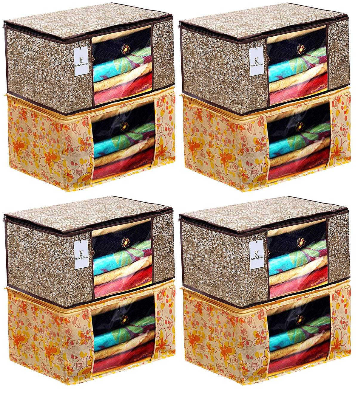 Kuber Industries Metalic Printed 8 Piece Non Woven Fabric Saree Cover Set with Transparent Window, Extra Large, Ivory Red & Golden Brown -CTKTC40911