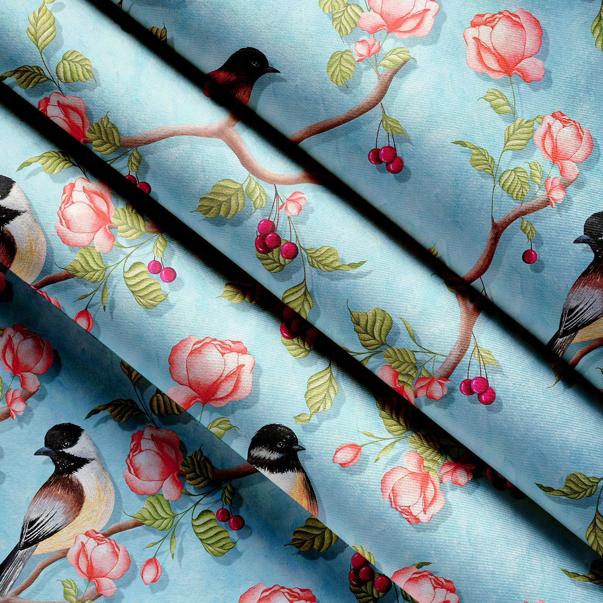 Encasa Homes Blackout Polyester Fabric - By the meter - 100 x 117 cm - Floral Digital Print - Sky Blue Birds - Blocks Light, Sound & Heat - Perfect for Blackout Blinds, Door Curtains, Window Panel Drapes